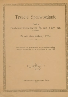 Trzecie Sprawozdanie Banku Handlowo-Przemysłowego w Śremie za rok obrachunkowy1922.