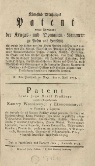 Patent króla [...] pruskiego [Fryderyka Wilhelma II.] względem rozporządzenia kamery woyskowych y ekonomicznych w Poznaniu y Łęczycu [...]