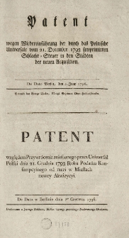 Patent względem przywr&oacute;cenia zniesionego przez Uniwersał polski [...] 21 grudnia 1793 [...] podatku konsumpcyinego od rzezi w miastach nowey akwizycyi
