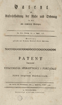 Patent względem utrzymania spokoyności i porządku w nowo obiętych prowincyach