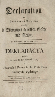 Deklaracya względem Edyktu dn. 28go marca [...] 1794
