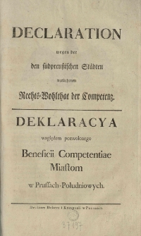 Deklaracya względem pozwolonego beneficii competentiae miastom w Prussach-Południowych