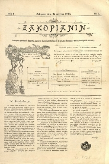 Zakopianin: czasopismo poświęcone literaturze, sprawom ekonomiczno-społecznym a zarazem informacyjno-lokalny dwutygodnik sezonowy. 1899.06.22 R.1 nr1
