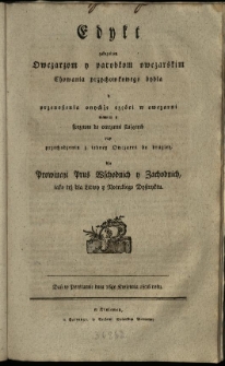 Edykt zakazuiący owczarzom y parobkom owczarskim chowania przychowkowego bydła [...] dla prowincyi Prus Wschodnich y Zachodnich, iako też dla Litwy y Noteckiego Dystryktu