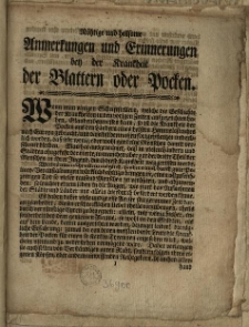N&ouml;htige und heilsame Anmerkungen und Erinnerungen bey der Krankheit der Blattern oder Pocken