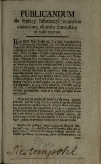 Publicandum dla lepszey informacyi względem mniemaney choroby francuskiey na bydle rogatym