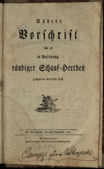 N&auml;here Vorschrift wie es in Ansehung r&auml;udiger Schaaf-Heerden gehalten werden soll