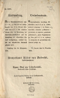 Uwiadomienie Nr 69072 ...[W sprawie uwłaszczenia chłop&oacute;w w Galicji] podpisał Wenzeslaus Ritter von Zaleski