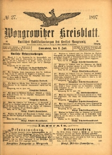 Wongrowitzer Kreisblatt: Amtliches Publikationsorgan des Kreises Wongrowitz 1897.06.27 Jg.46 Nr27