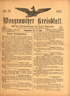 Wongrowitzer Kreisblatt: Amtliches Publikationsorgan des Kreises Wongrowitz 1897.07.17 Jg.46 Nr29