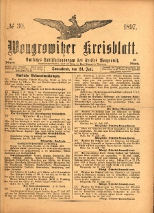 Wongrowitzer Kreisblatt: Amtliches Publikationsorgan des Kreises Wongrowitz 1897.07.24 Jg.46 Nr30