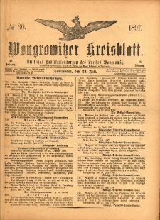 Wongrowitzer Kreisblatt: Amtliches Publikationsorgan des Kreises Wongrowitz 1897.07.24 Jg.46 Nr30