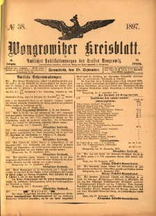 Wongrowitzer Kreisblatt: Amtliches Publikationsorgan des Kreises Wongrowitz 1897.09.18 Jg.46 Nr38