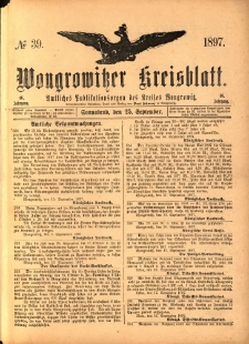Wongrowitzer Kreisblatt: Amtliches Publikationsorgan des Kreises Wongrowitz 1897.09.25 Jg.46 Nr39