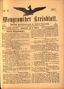 Wongrowitzer Kreisblatt: Amtliches Publikationsorgan des Kreises Wongrowitz 1897.10.09 Jg.46 Nr41