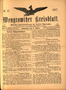 Wongrowitzer Kreisblatt: Amtliches Publikationsorgan des Kreises Wongrowitz 1897.10.09 Jg.46 Nr41
