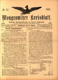 Wongrowitzer Kreisblatt: Amtliches Publikationsorgan des Kreises Wongrowitz 1897.10.16 Jg.46 Nr42