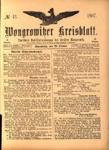 Wongrowitzer Kreisblatt: Amtliches Publikationsorgan des Kreises Wongrowitz 1897.10.23 Jg.46 Nr43