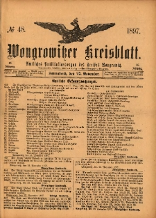 Wongrowitzer Kreisblatt: Amtliches Publikationsorgan des Kreises Wongrowitz 1897.11.27 Jg.46 Nr48