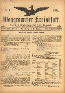 Wongrowitzer Kreisblatt: Amtliches Publikationsorgan des Kreises Wongrowitz 1902.01.25 Jg.51 Nr4
