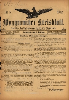 Wongrowitzer Kreisblatt: Amtliches Publikationsorgan des Kreises Wongrowitz 1902.02.01 Jg.51 Nr5