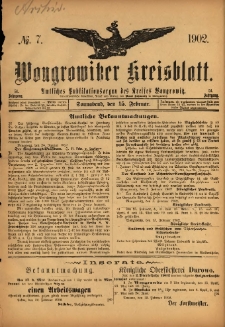 Wongrowitzer Kreisblatt: Amtliches Publikationsorgan des Kreises Wongrowitz 1902.02.15 Jg.51 Nr7