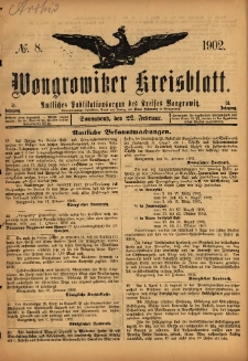 Wongrowitzer Kreisblatt: Amtliches Publikationsorgan des Kreises Wongrowitz 1902.02.22 Jg.51 Nr8