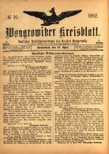 Wongrowitzer Kreisblatt: Amtliches Publikationsorgan des Kreises Wongrowitz 1902.04.19 Jg.51 Nr16