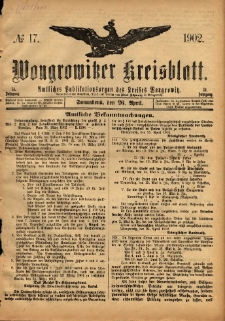 Wongrowitzer Kreisblatt: Amtliches Publikationsorgan des Kreises Wongrowitz 1902.04.26 Jg.51 Nr17