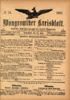 Wongrowitzer Kreisblatt: Amtliches Publikationsorgan des Kreises Wongrowitz 1902.06.14 Jg.51 Nr24