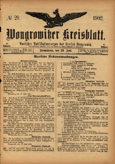 Wongrowitzer Kreisblatt: Amtliches Publikationsorgan des Kreises Wongrowitz 1902.07.19 Jg.51 Nr29