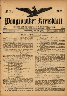 Wongrowitzer Kreisblatt: Amtliches Publikationsorgan des Kreises Wongrowitz 1902.07.26 Jg.51 Nr30