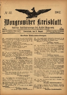 Wongrowitzer Kreisblatt: Amtliches Publikationsorgan des Kreises Wongrowitz 1902.08.09 Jg.51 Nr32
