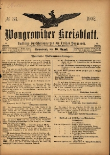Wongrowitzer Kreisblatt: Amtliches Publikationsorgan des Kreises Wongrowitz 1902.08.16 Jg.51 Nr33