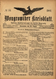 Wongrowitzer Kreisblatt: Amtliches Publikationsorgan des Kreises Wongrowitz 1902.08.23 Jg.51 Nr34