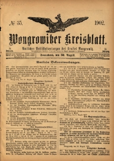 Wongrowitzer Kreisblatt: Amtliches Publikationsorgan des Kreises Wongrowitz 1902.08.30 Jg.51 Nr35
