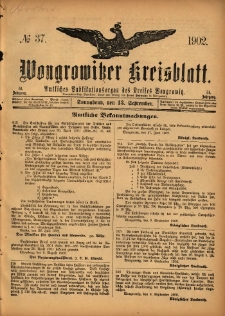 Wongrowitzer Kreisblatt: Amtliches Publikationsorgan des Kreises Wongrowitz 1902.09.13 Jg.51 Nr37