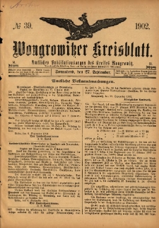 Wongrowitzer Kreisblatt: Amtliches Publikationsorgan des Kreises Wongrowitz 1902.09.27 Jg.51 Nr39