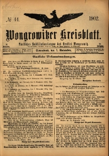 Wongrowitzer Kreisblatt: Amtliches Publikationsorgan des Kreises Wongrowitz 1902.11.01 Jg.51 Nr44