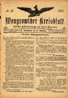 Wongrowitzer Kreisblatt: Amtliches Publikationsorgan des Kreises Wongrowitz 1902.11.15 Jg.51 Nr46