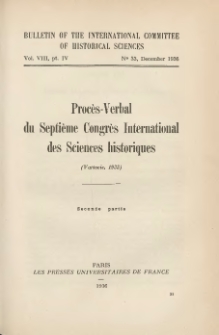 VII Congrès International des Sciences Historiques, Varsovie 1933; Rapports prèsentès au Congrès (Second Partie)