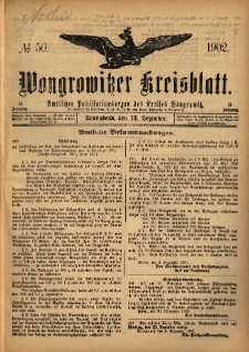 Wongrowitzer Kreisblatt: Amtliches Publikationsorgan des Kreises Wongrowitz 1902.12.13 Jg.51 Nr50