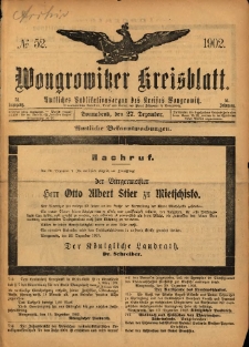 Wongrowitzer Kreisblatt: Amtliches Publikationsorgan des Kreises Wongrowitz 1902.12.27 Jg.51 Nr52