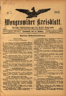 Wongrowitzer Kreisblatt: Amtliches Publikationsorgan des Kreises Wongrowitz 1903.02.14 Jg.52 Nr7