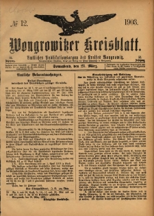 Wongrowitzer Kreisblatt: Amtliches Publikationsorgan des Kreises Wongrowitz 1903.03.21 Jg.52 Nr12