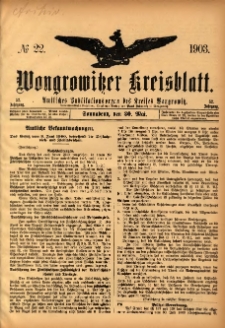 Wongrowitzer Kreisblatt: Amtliches Publikationsorgan des Kreises Wongrowitz 1903.05.30 Jg.52 Nr22