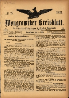 Wongrowitzer Kreisblatt: Amtliches Publikationsorgan des Kreises Wongrowitz 1903.07.04 Jg.52 Nr27