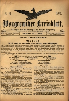 Wongrowitzer Kreisblatt: Amtliches Publikationsorgan des Kreises Wongrowitz 1903.08.01 Jg.52 Nr31