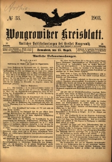 Wongrowitzer Kreisblatt: Amtliches Publikationsorgan des Kreises Wongrowitz 1903.08.15 Jg.52 Nr33