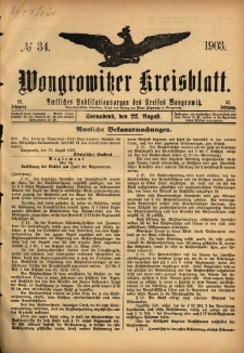 Wongrowitzer Kreisblatt: Amtliches Publikationsorgan des Kreises Wongrowitz 1903.08.22 Jg.52 Nr34